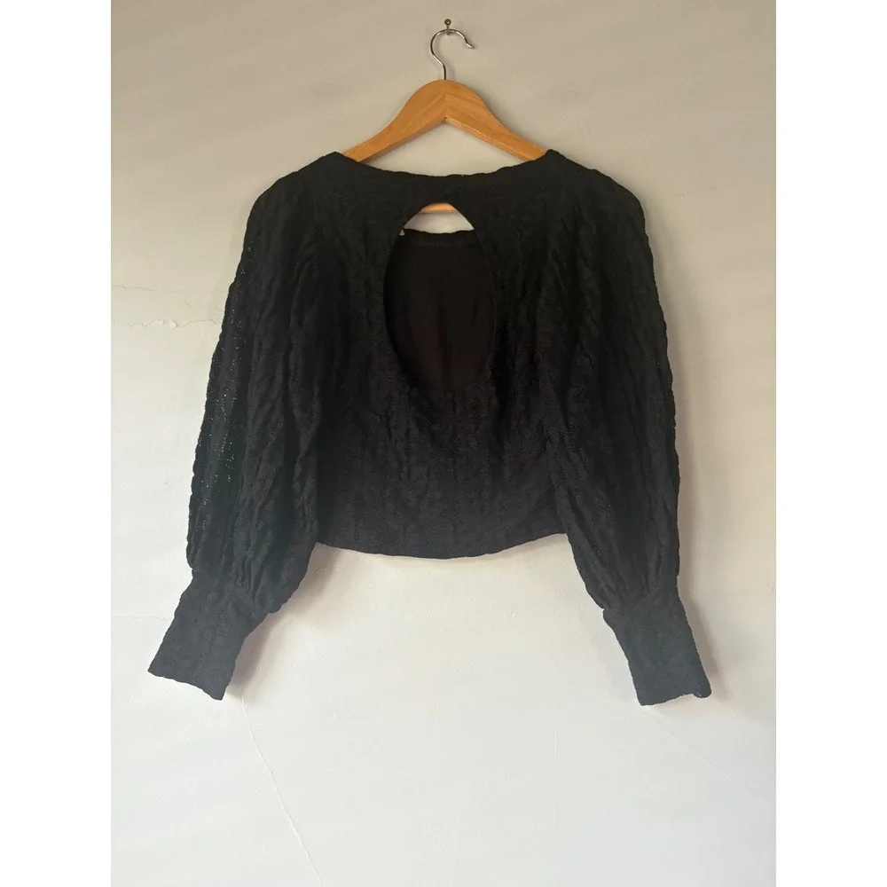 Free‎ People Tea Time Lace Puff Sleeve Top Black Small